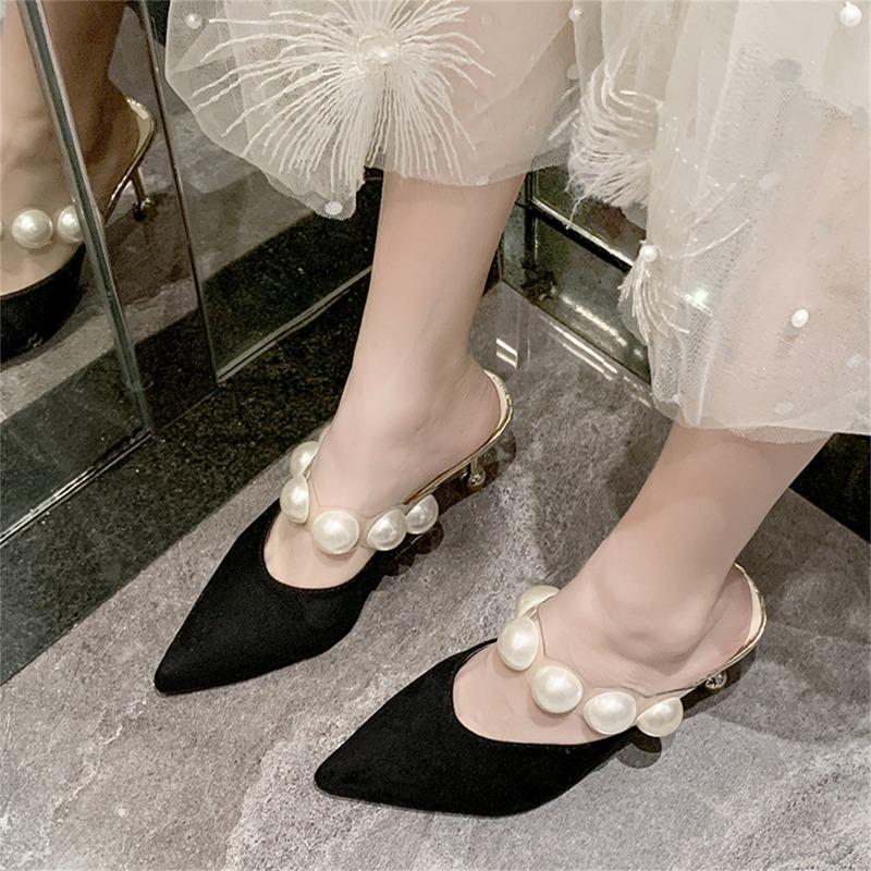 Модные женские тапочки Baotou, летние, новые, с острым носком, с неглубоким носком, замшевые, с жемчужным прозрачным ремешком, изящные, на высоком каблуке, сандалии