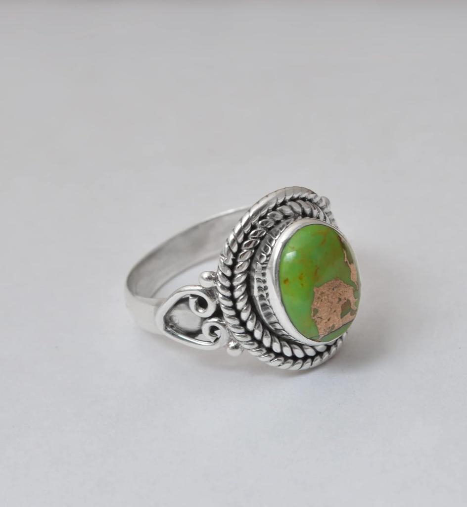 Green Copper Turquoise Lab Created Gemstone Ring, 925 Sterling Silver Ring, Bohemian Ring, Gift For Her, Fashion Jewelry