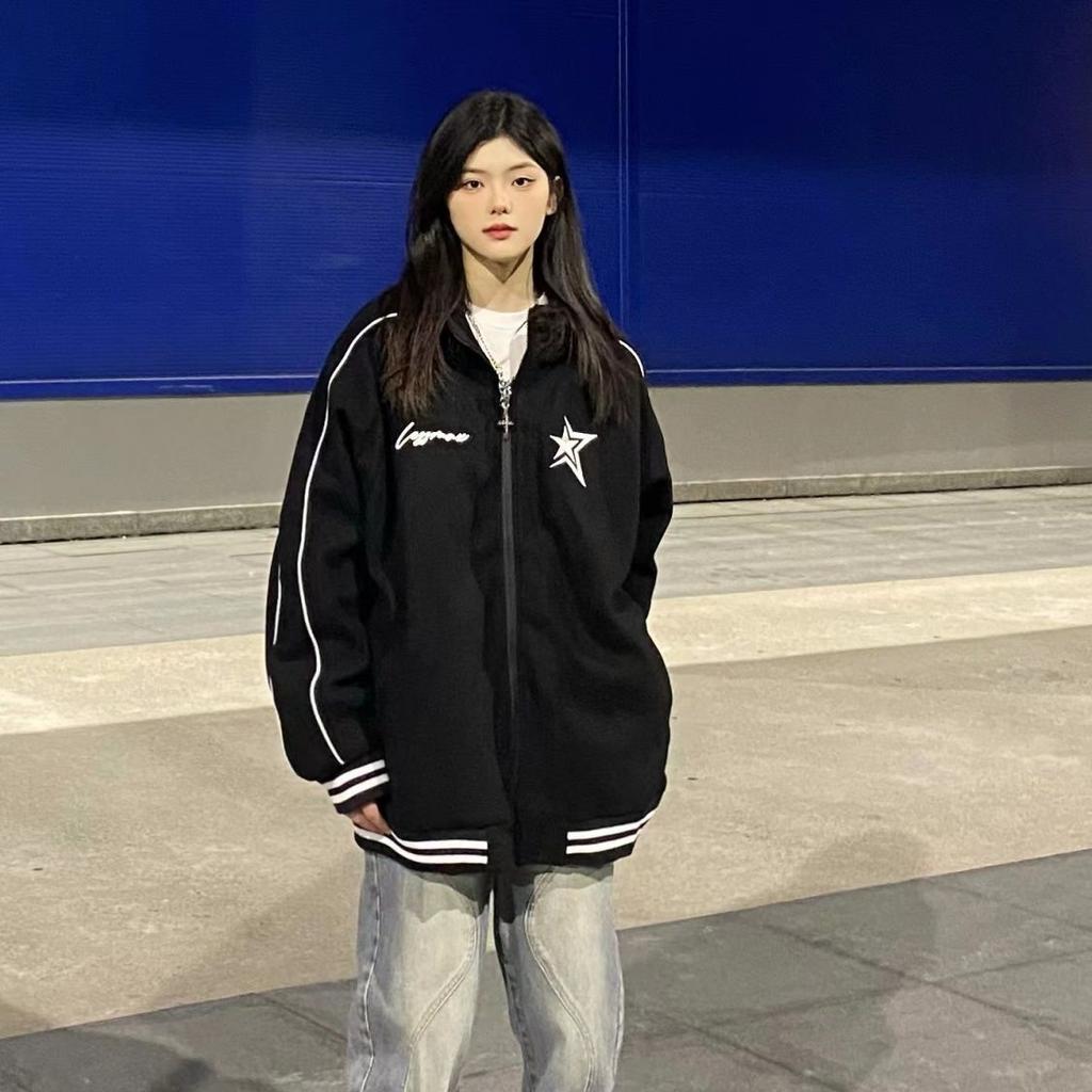 Korean Vintage Star Graphic Print Sweatshirts Women Harajuku Streetwear Zip Up Hoodies Y2k Grunge Casual Tops Female