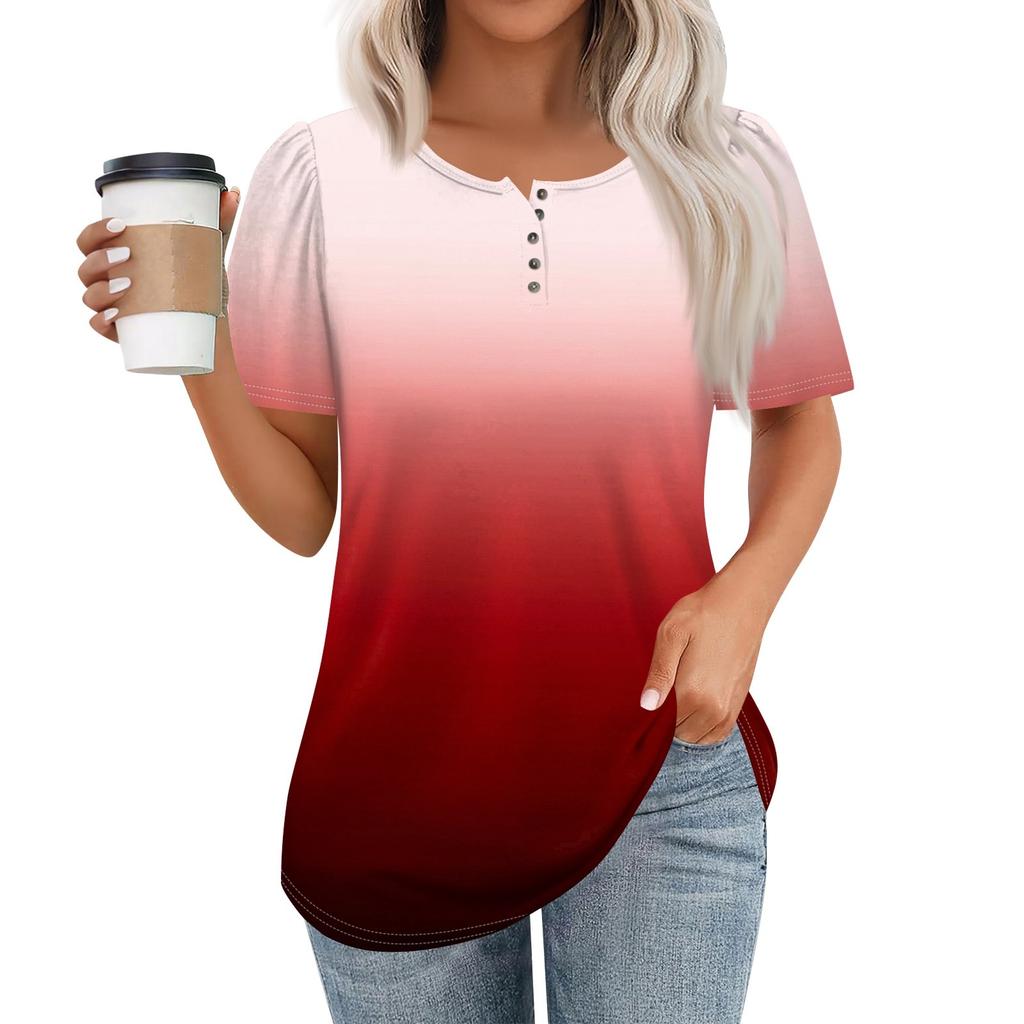 Женский модный повседневный короткий рукав пуловер с принтом на пуговицах и круглым вырезом