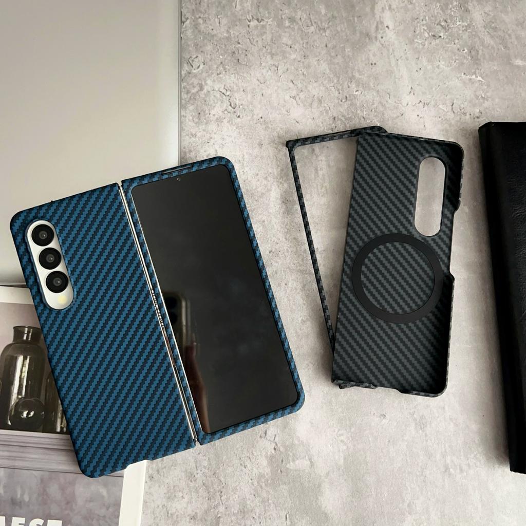 For Samsung Galaxy Z Fold3 5G Magnetic Case Carbon Fiber Texture PC Phone Cover with Screen Protector