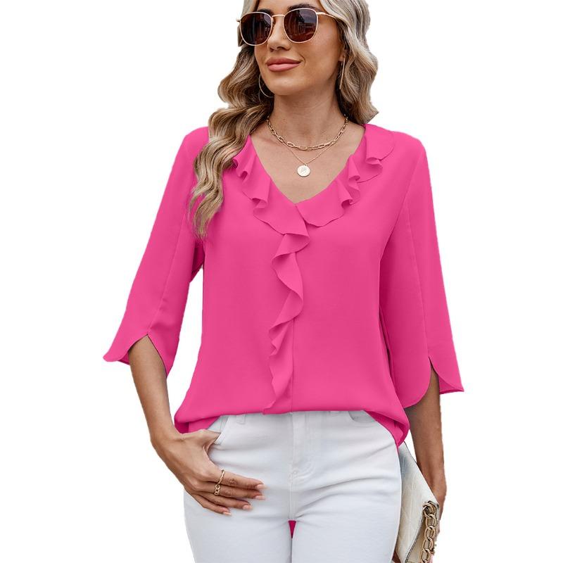 Шифоновые блузки со средним рукавом и V-образным вырезом, плиссированные, с оборками, свободного кроя, женские топы