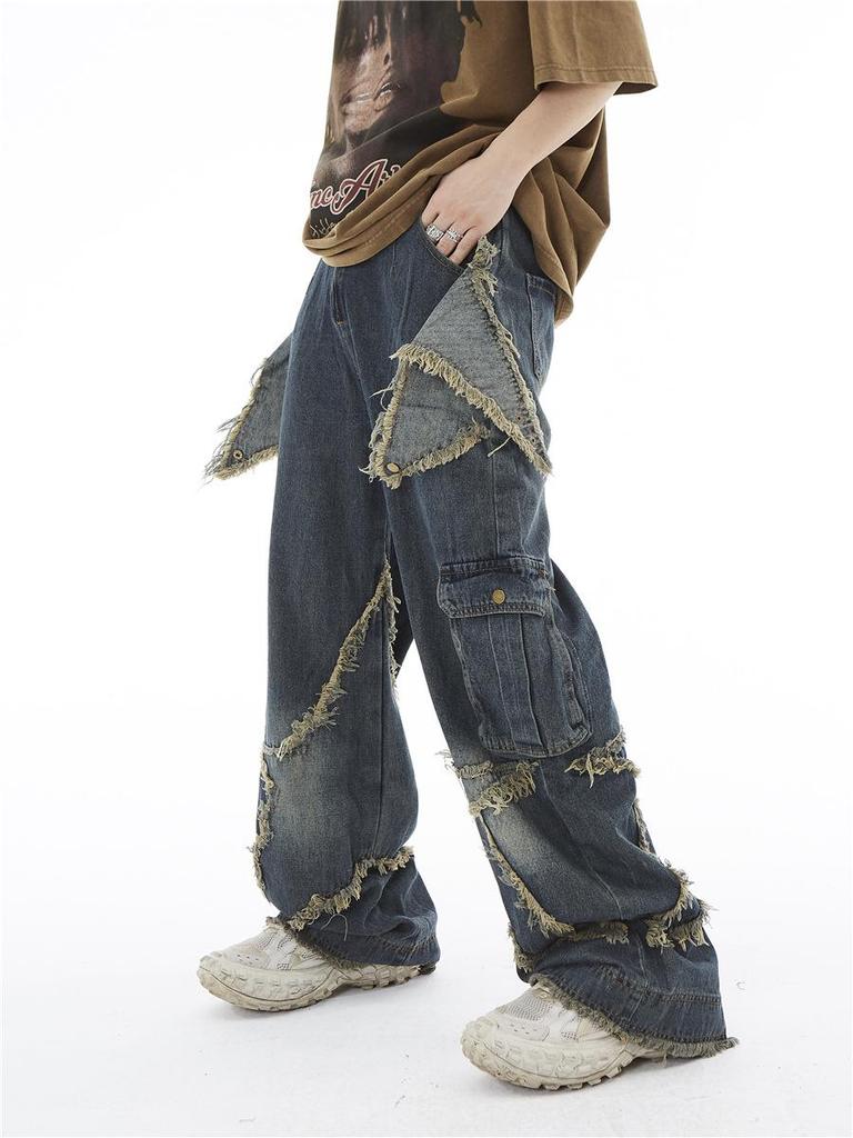 American Retro Distressed Wide-Leg Jeans with Pentagram Design and Big Pockets for Men