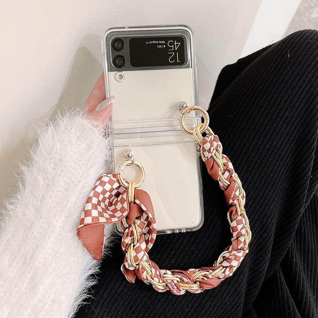 Woman Portable Chain Of Silk Scarves Phone Case For Samsung Galaxy Z Flip 4 3 5g Hinge Full Protection Clear Hard Pc Cover