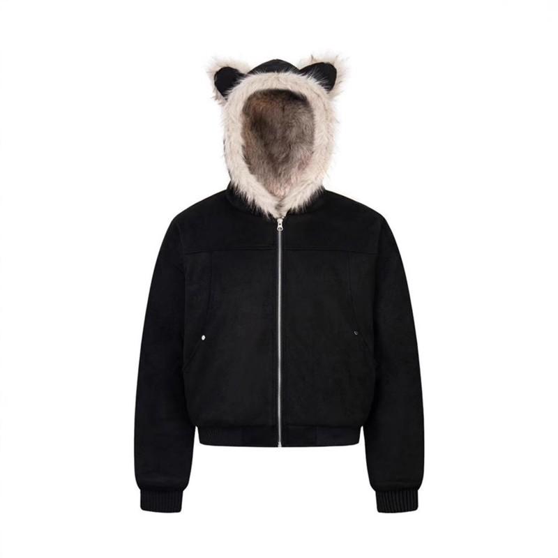Womens Thickened Faux Suede Hooded Coat With Fur Trim Cat Ear Detail Winter Warm Outerwear