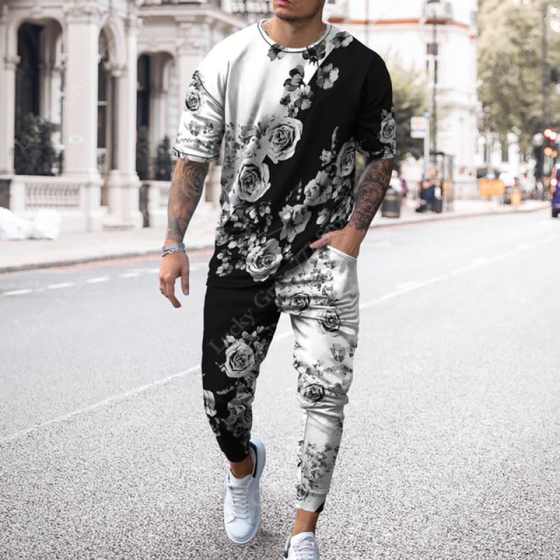 New Boutique Leopard Print Men’s Trousers Tracksuit 2 Piece Set Streetwear Short Sleeve T Shirt+Long Pants Clothes Male Clothing