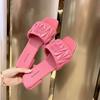 Korean version of pleated square head one-word sandals women's summer 2025 new fashion letter flat bottom outside casual slippers