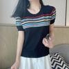 Women's Short Sleeve Rainbow Striped Knit Top - Summer 2022