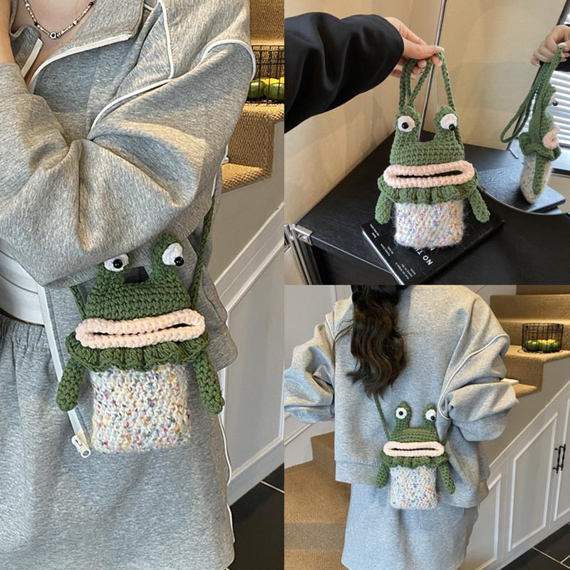 Childrens Cotton Knit Cartoon Frog Crossbody Bag With Inner Card Slot For Daily Use