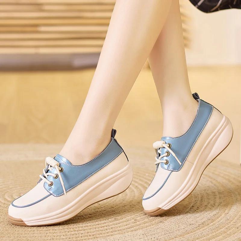 Fashion Women Fashion Platform Flats Sneakers  Autumn Breathable Lace Up Wedge Sport Shoes Comfort Soft Leather Travel Casual Shoes