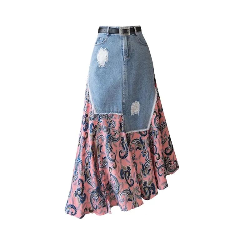 Floral Skirts Womens Medieval Pleated Long Goth Skirt A-LINE Irregular Denim Spliced Chiffon Jean Beach Maxi Skirt Y2k Summer