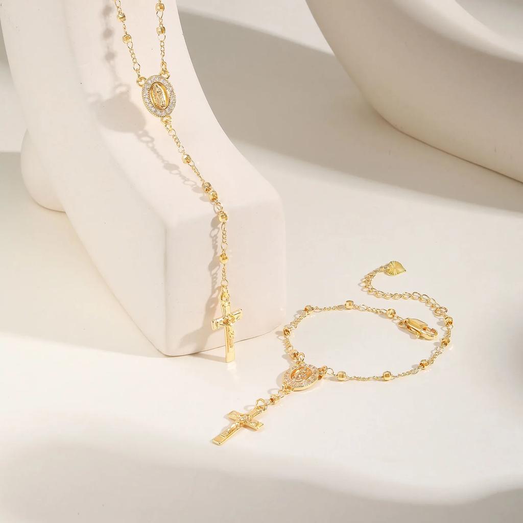 Католический розарий с крестом из кубического циркония, браслеты со звеньями-бусинами, овальный крест с Иисусом, религиозные позолоченные украшения