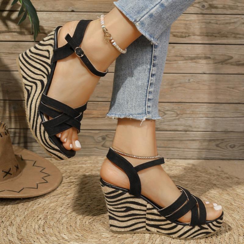 Large Size Wedge Heel Sandals Women's Summer New Word Buckle with Muffin Thick Sole Buckle Women's Sandals