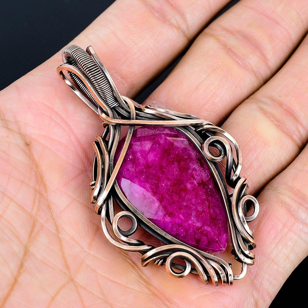 Ruby 999 Copper Wire Wrapped Pendant, Handmade Gemstone Pendant Jewelry, Gifts For Wife Brand New Pendant
