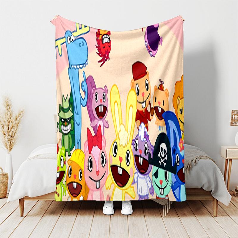 1pc Blanket Happy Tree Friends Print Design, Lightweight Blanket for Sofa, Bed- Soft &Warm, Gift for All Seasons like Christmas, Halloween