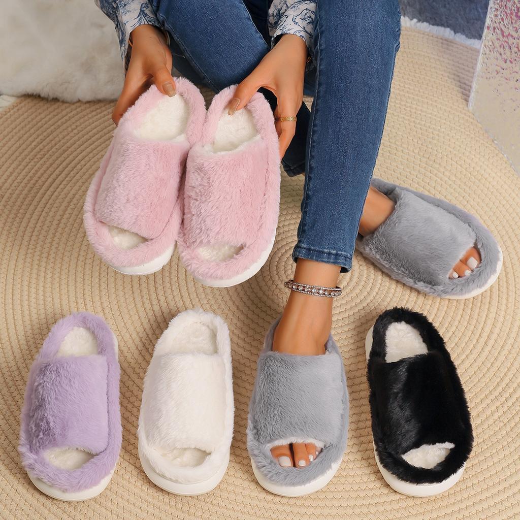Fashion Faux Fur Keep Warm Slippers Women Winter Open Toe Thick Bottom Plush Slippers Woman Comfort Soft Non-Slip House Cotton Shoes