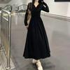 French Style Fashion Dresses Sping New Women Solid V-Neck Pleated Temperament Long Sleeve Slim Mid-length A-line Corset Dress