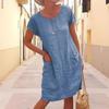2024 Лето Свободное однотонное платье из хлопка и льна с короткими рукавами и карманами для женщин