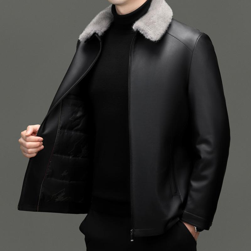 Leather Jacket Men's Genuine Leather Down Jacket Jacket Middle-aged and Elderly Dad Sheep Leather Jacket Winter Thickened Leather Top