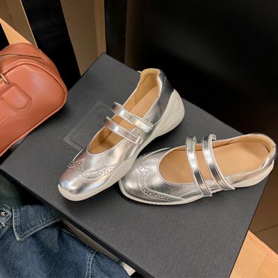 Маленький внутренний каблук, серебристые туфли Мэри Джейн, женские весенние новые повседневные спортивные балетки на плоской подошве