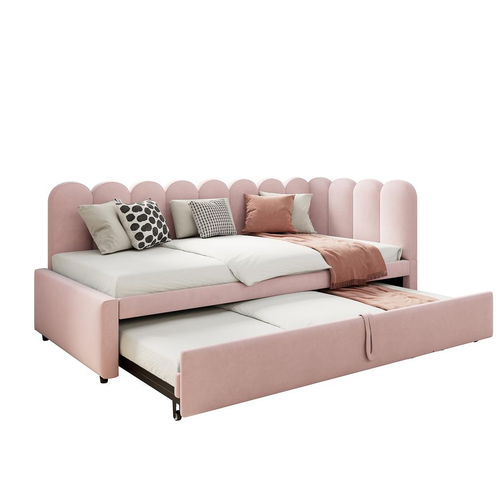 2-in-1 multifunctional sofa bed in L-shape (90/180 x 200 cm), velvet pink, space-saving design, can be used as a children's bed or guest bed.