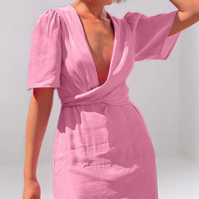 Spring New Women's Sexy Solid Color Temperament Long-length Skirt Deep V Cross Strapping Dress for Women