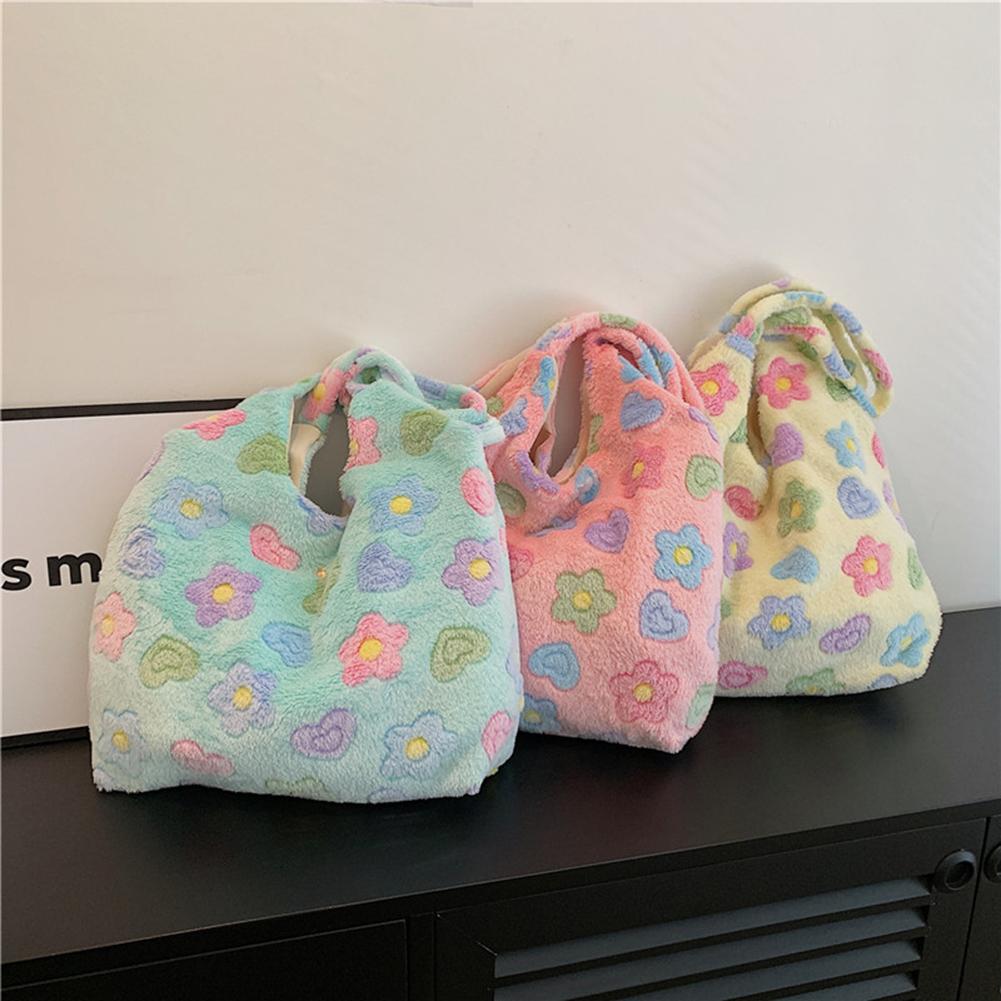 Женская милая пушистая сумка-хобо с цветочным узором, универсальная сумка для покупок, большая вместительная пушистая сумка Kawaii, мягкая зимняя сумка для девочек