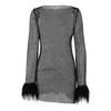 Sexy Glitter Evening Dress with Fur-Trimmed Cuffs Round Neckline Long Sleeves See-through Slim Fit Dress