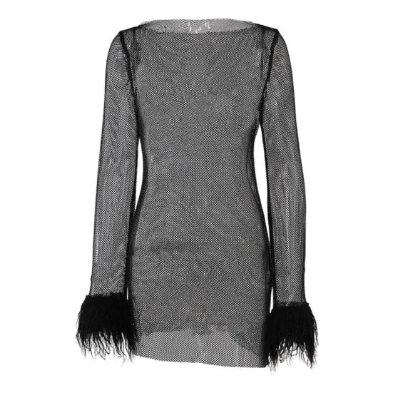 Sexy Glitter Evening Dress with Fur-Trimmed Cuffs Round Neckline Long Sleeves See-through Slim Fit Dress