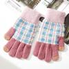 Winter New Full-finger Women's Warm Knitted Wool Gloves Plaid Velvet Finger Cycling Cold Protection