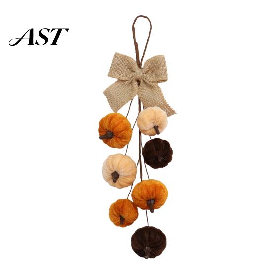 Farmhouse Harvest Door Decor Thanksgiving Pumpkin Wreath, Artificial Velvet Ornament, Fall Hanging Teardrop Party Supplies Swag with Burlap