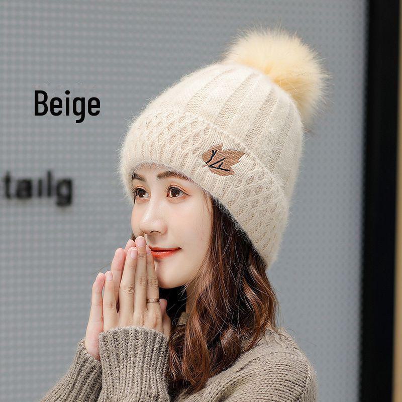 Korean Style Women's Winter Hat: Fashionable Rabbit Wool, Velvet-Lined, Warm Knitted Pullover.