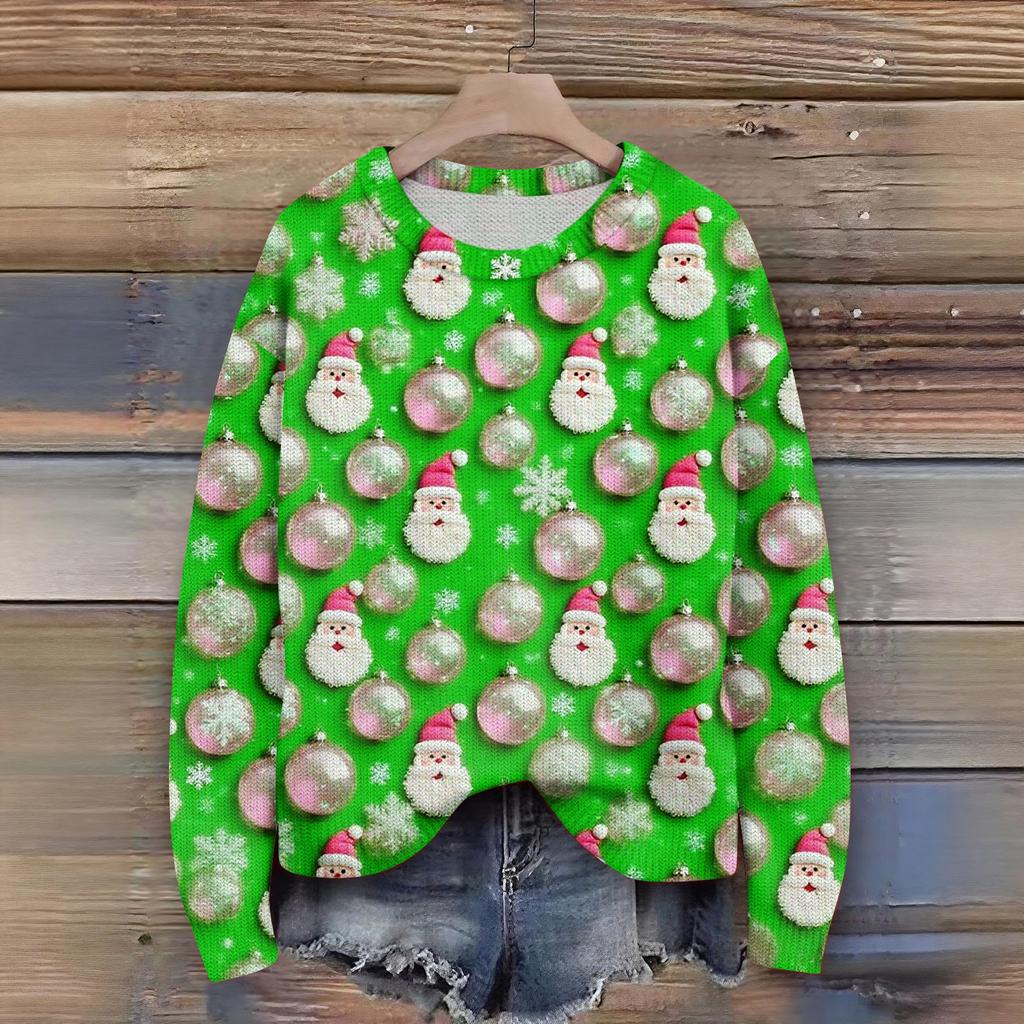 Women's Christmas Print Cardigan Long Sleeve Round Neck Knit Top