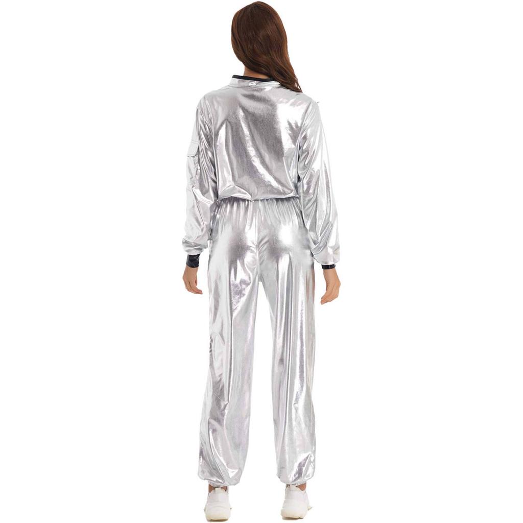 Женский костюм астронавта для ролевых игр, костюм на Хэллоуин, металлический блестящий комбинезон с длинным рукавом и боди на молнии