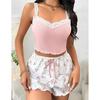 Summer Women Sexy Pajama Set Lace Floral Sleeveless Crop Cami Top and Shorts Summer Cute Sleepwear Set