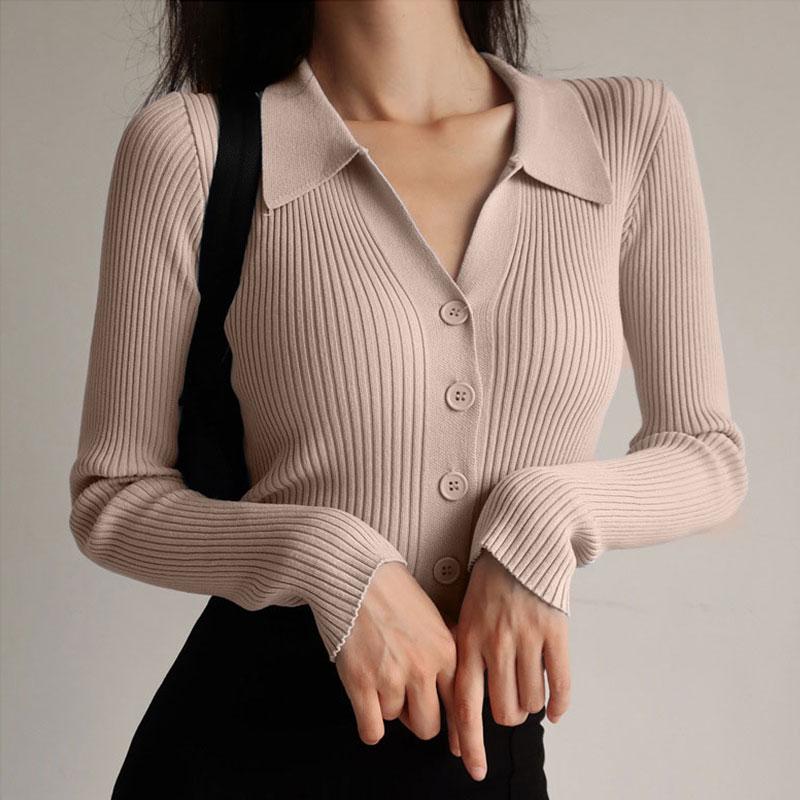 POLO Neck свитера женские весна осень рубашка длинный рукав короткий отложной воротник полые пуговицы трикотажные топы сплошной один размер