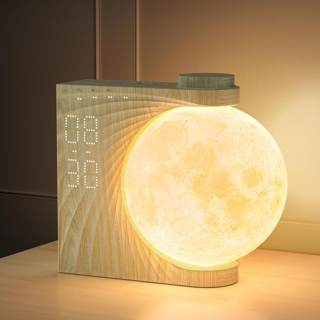 Auto-rotating Moonlight, Ambient Lighting, Stylish Table Lamp, Light Alarm Clock, Bedside Lamp, 8-Color RGB Light, Stand Light with Timer, 10 Natural