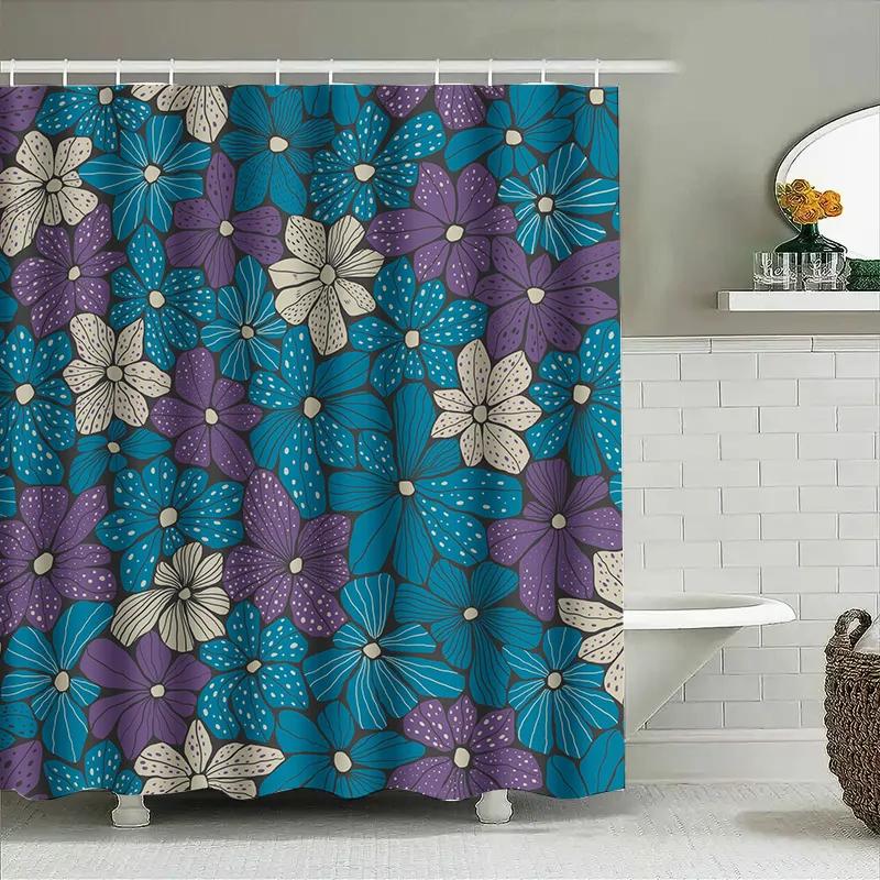 Floral Shower Curtain Blue Purple Design For Bathroom Decor Waterproof Fabric Splash Backdrops Decoration With Rod Pocket Rings