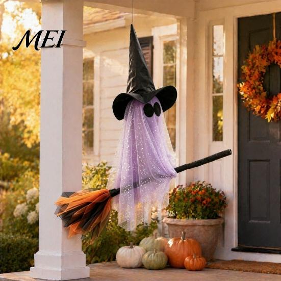 Festive Party Atmosphere Accessory Halloween Ghost Witch Broom Hanging Ornament, Spooky Hat Floating Prop Pendants for Indoor Outdoor Haunted