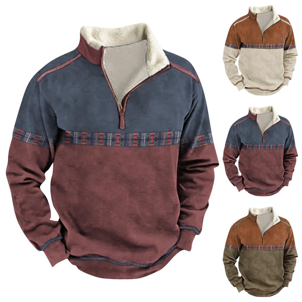 Long Sleeve Tops Men's Zip Contrast Winter Sweatshirt Outdoor Casual Sweater