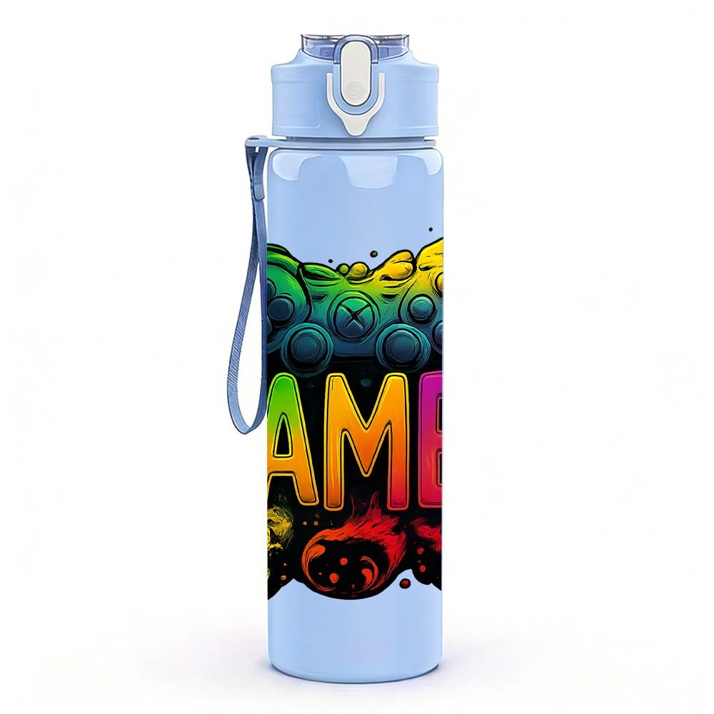 1PC Colorful Gamer Letter Design 750ml Color Plastic Sports Water Bottle Leakproof Flip Straw Lid Suitable for Sports Office Home Use