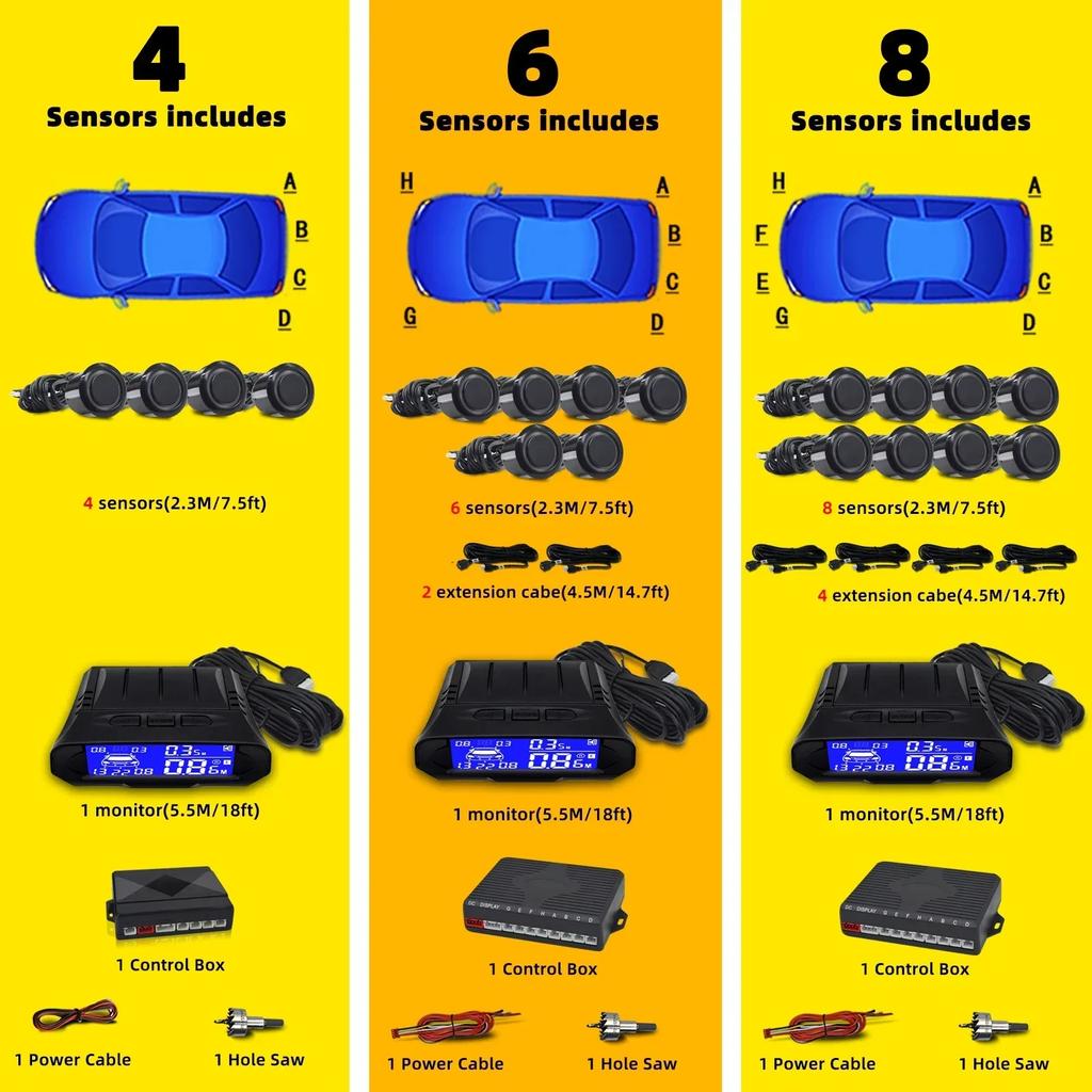 4/6/8 Reverse Car Parktronic Assist Parking Sensor Kit Front and Rear Backup Radar Ultrasonic Blind Spot Detection Alert System