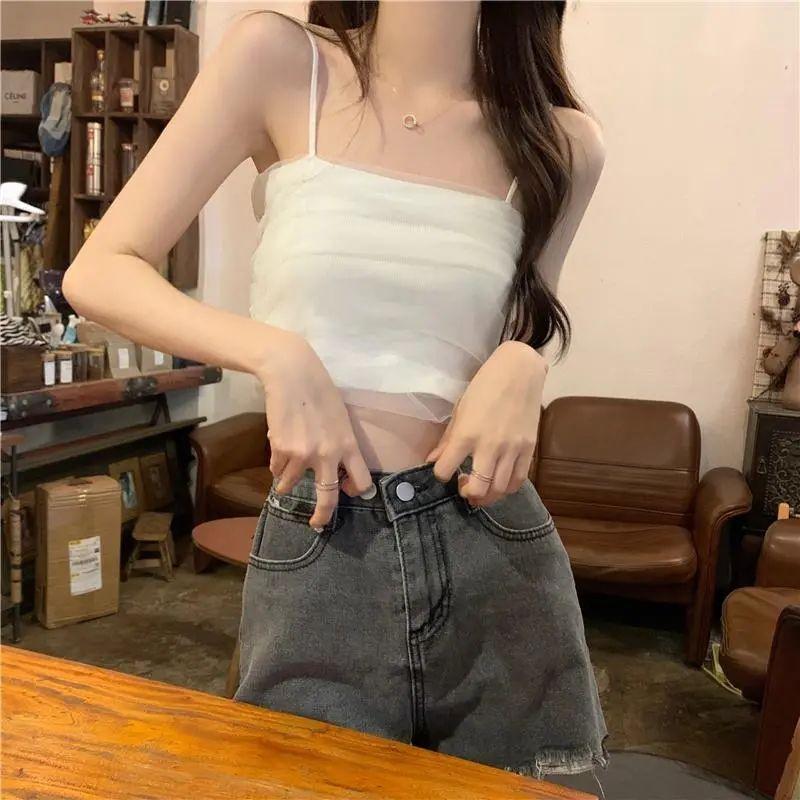 Белая сетчатая майка на подтяжках для женщин, летняя, короткая, облегающая, без бретелек