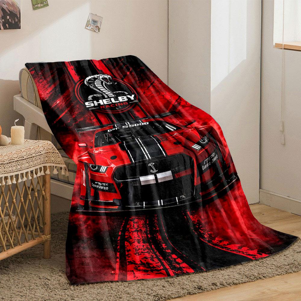 A bold red racing theme with a Shelby Cobra logo and a GT500 car. for all seasons blanket lunch break throw gift