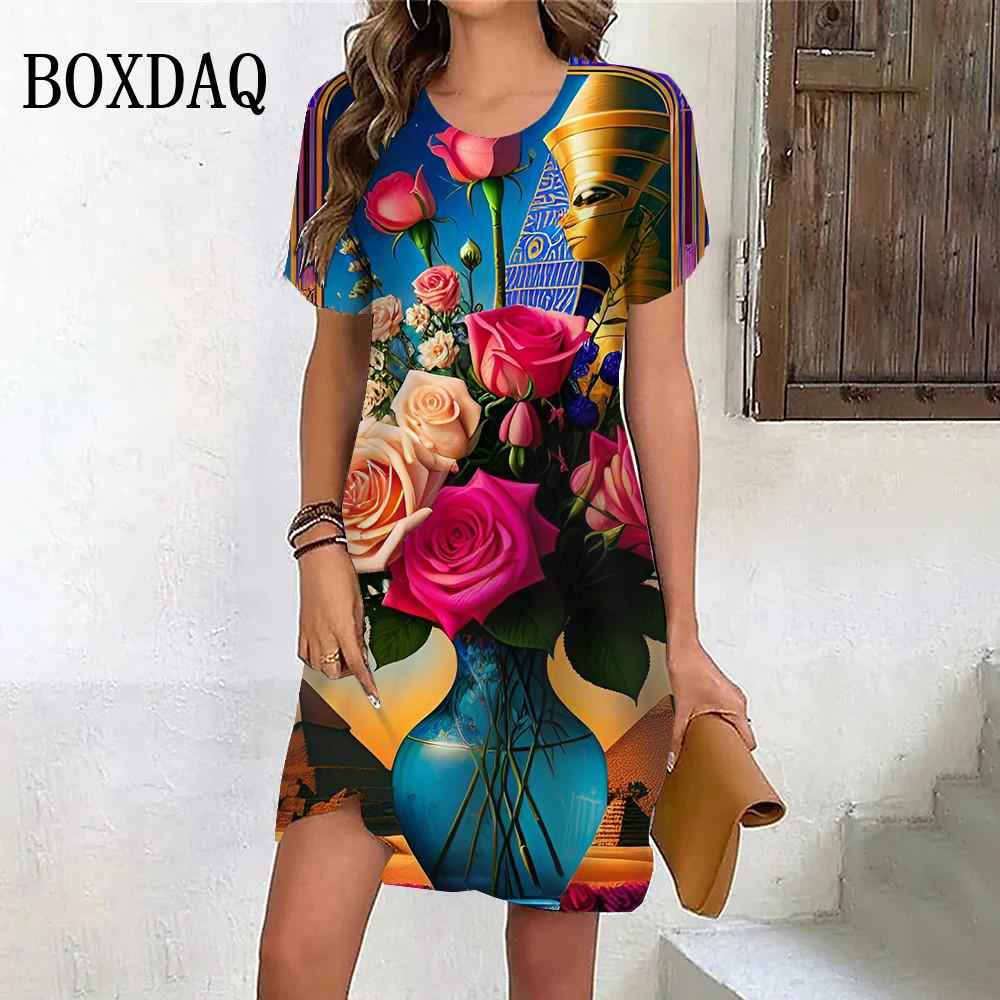 Летнее пляжное вечернее платье для женщин с принтом в виде роз в стиле тай-дай, повседневное платье с коротким рукавом и круглым вырезом, свободная женская одежда