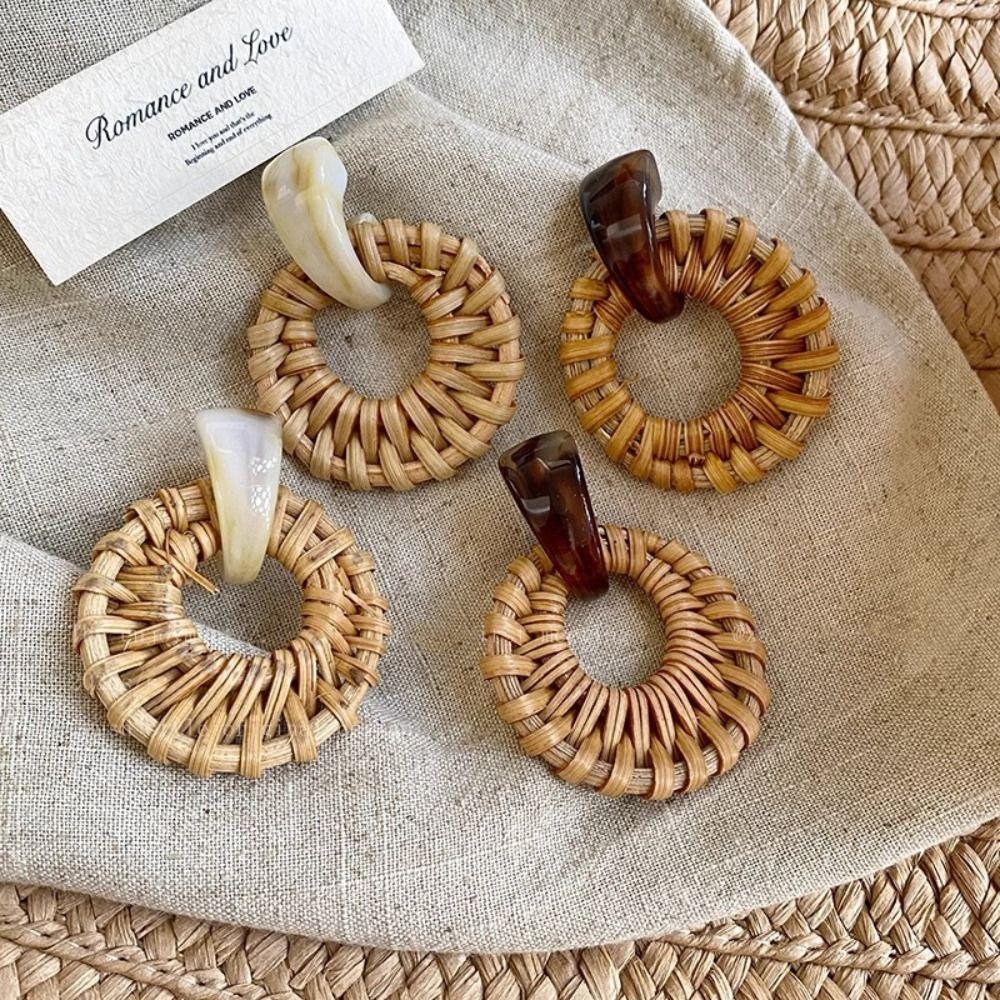 Round Rattan Weave Earrings Flower Beach Jewelry Cute Bohemian Drop Earrings Wedding