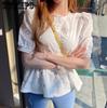 Women's Bubble Sleeve Top Summer New Style Western Lace Hollow Lace Splicing Wrinkle White Shirt