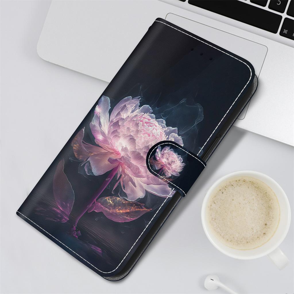 Purple Crystal Flower Painted Pattern Flip Wallet PU Leather Case with For iPhone Samsung Umidigi Infinix  TECNO...Suitable for Over 900 Phone Models