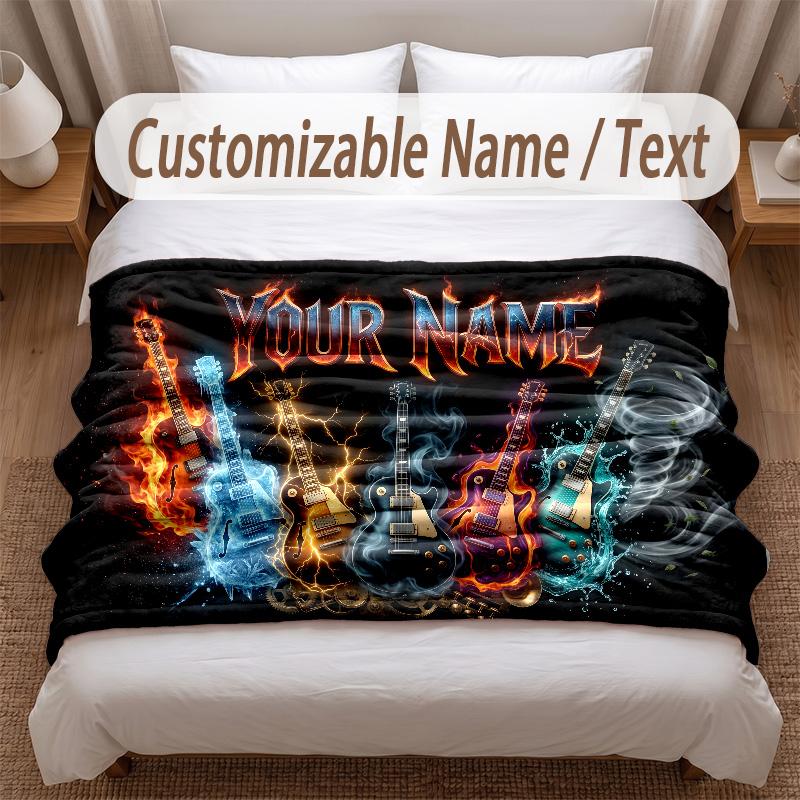 Music Guitar Theme Soft Blanket Personalized Custom Name Text Print Warm Blanket Home Sofa Bedroom Decor