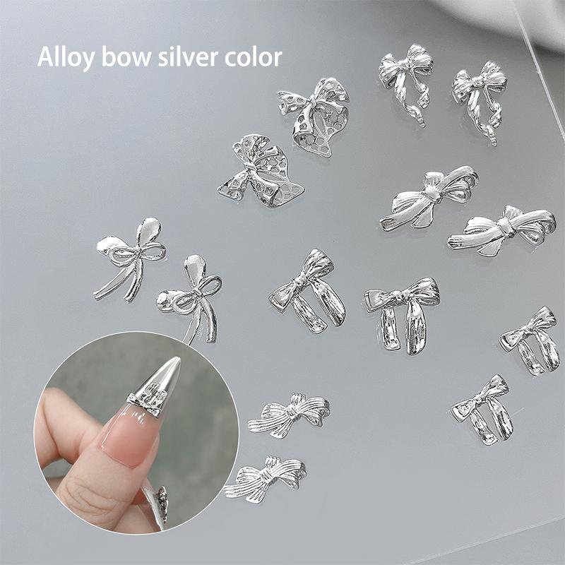 10 шт. глянцевая серебряная лента для дизайна ногтей 3D банты из металлического сплава шелковая лента для украшения ногтей Diy ретро металлические аксессуары для ногтей